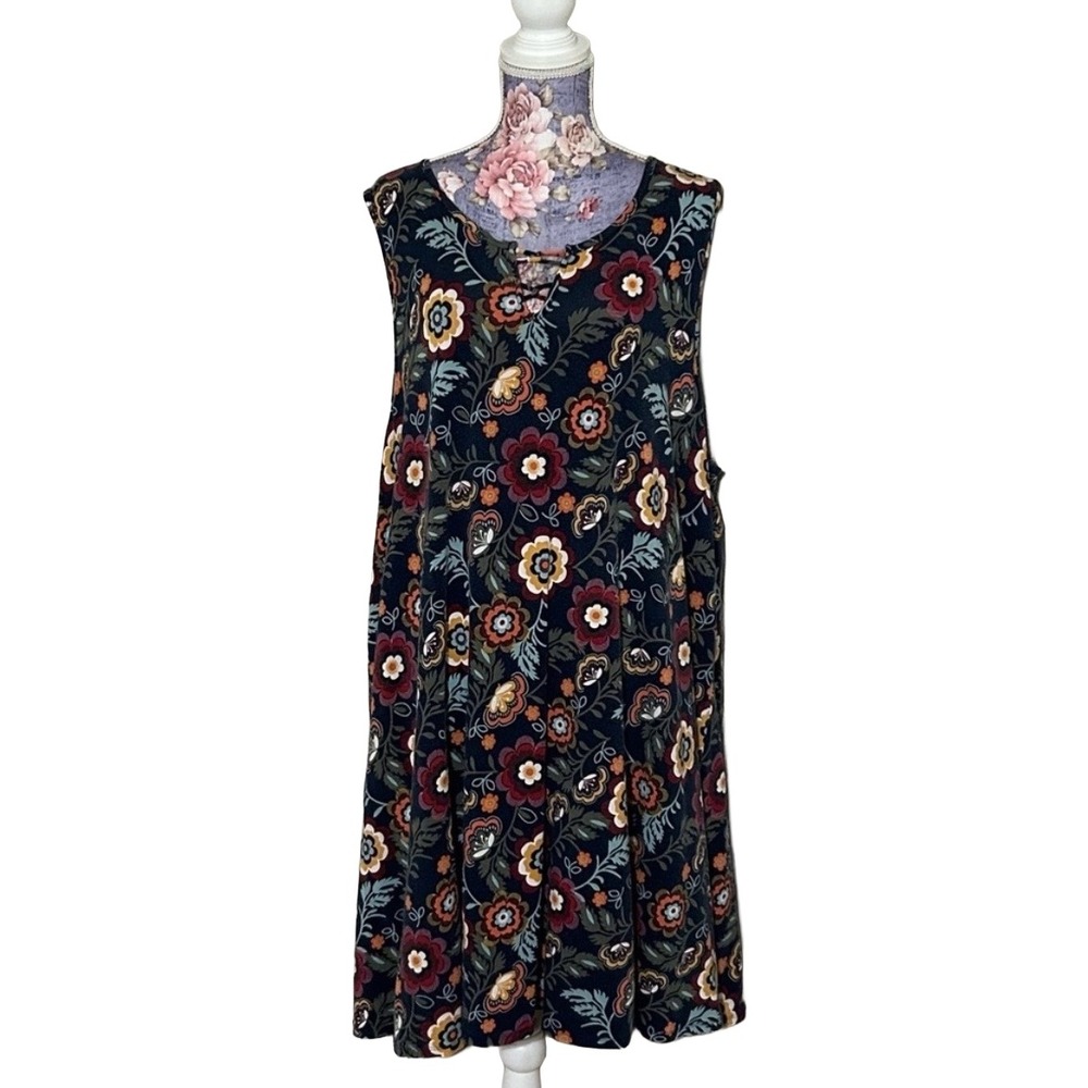 Terra & Sky Womens 3X Blue Cove Floral Lattice‎ V-Neck Tank Top TS28534FR